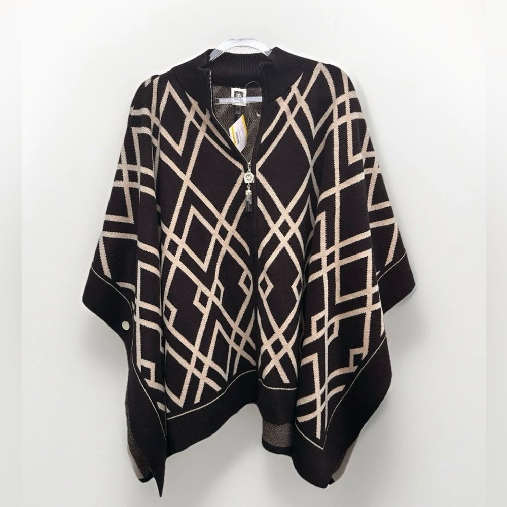 NEW Anne Klein Poncho Plaid Geo Printed Mock Neck Zip Front Sweater Women Sz M